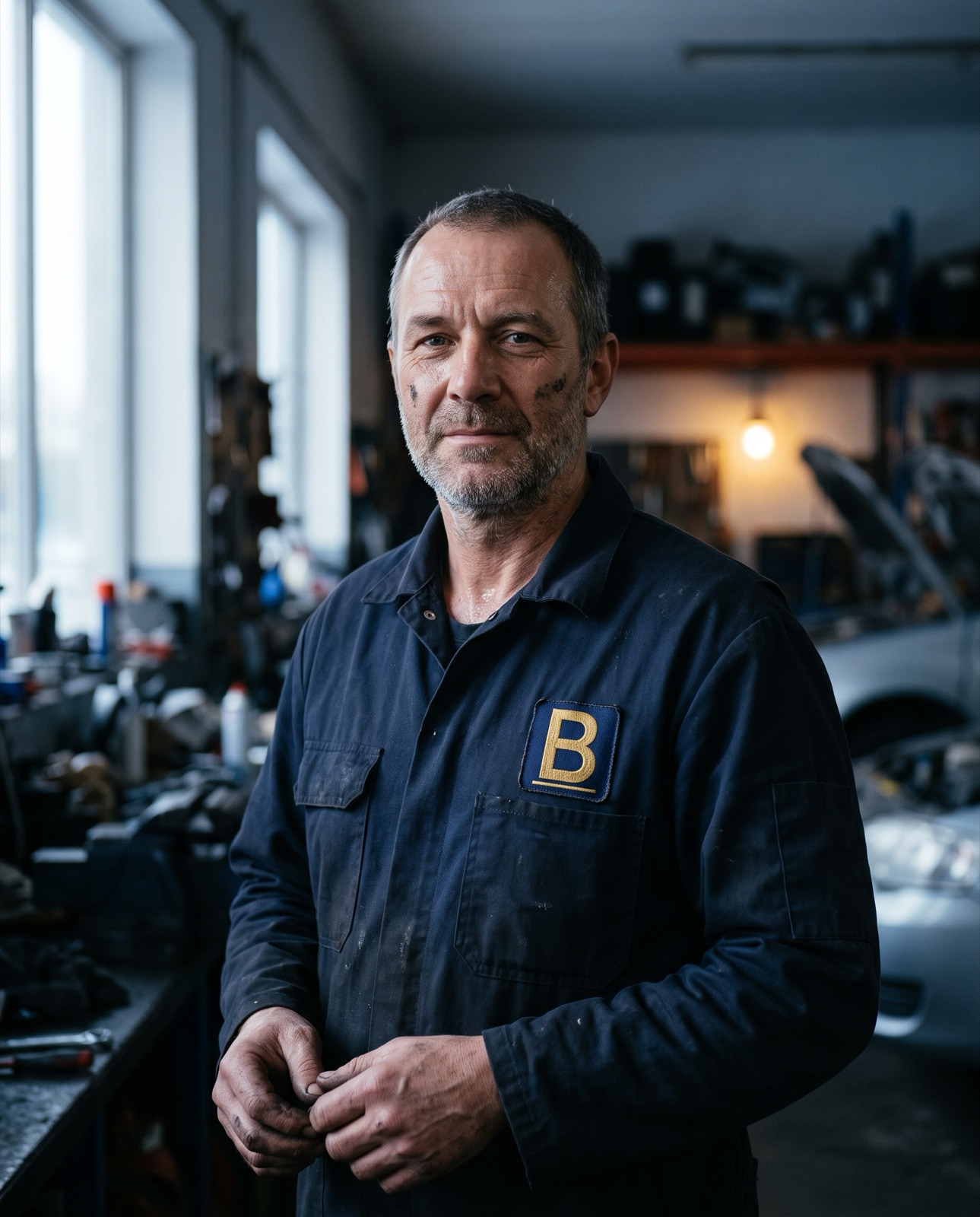 Porträt eines Mechanikers in der Werkstatt in dunkelblauer Jacke mit B-Abzeichen, Symbolbild