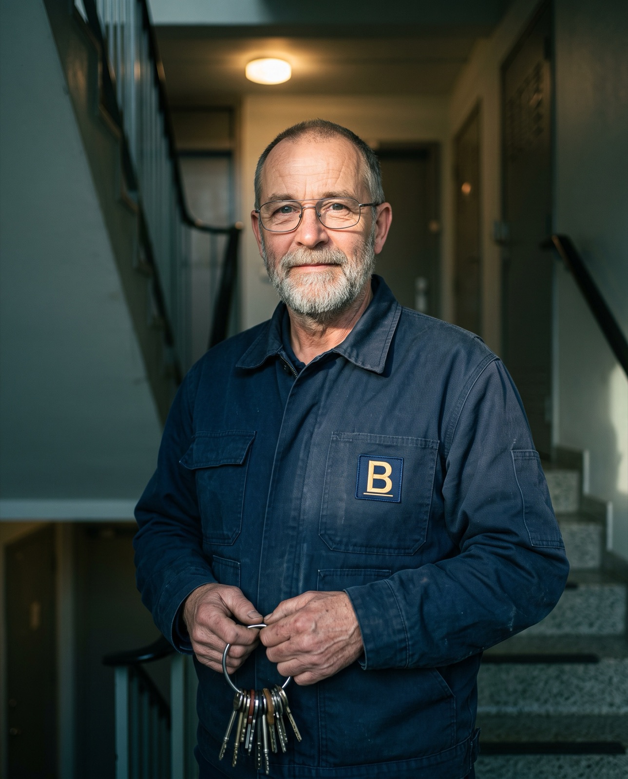 Porträt eines Mannes in dunkler Arbeitsjacke mit Schlüsselbund am Gürtel vor dunklem Hintergrund
