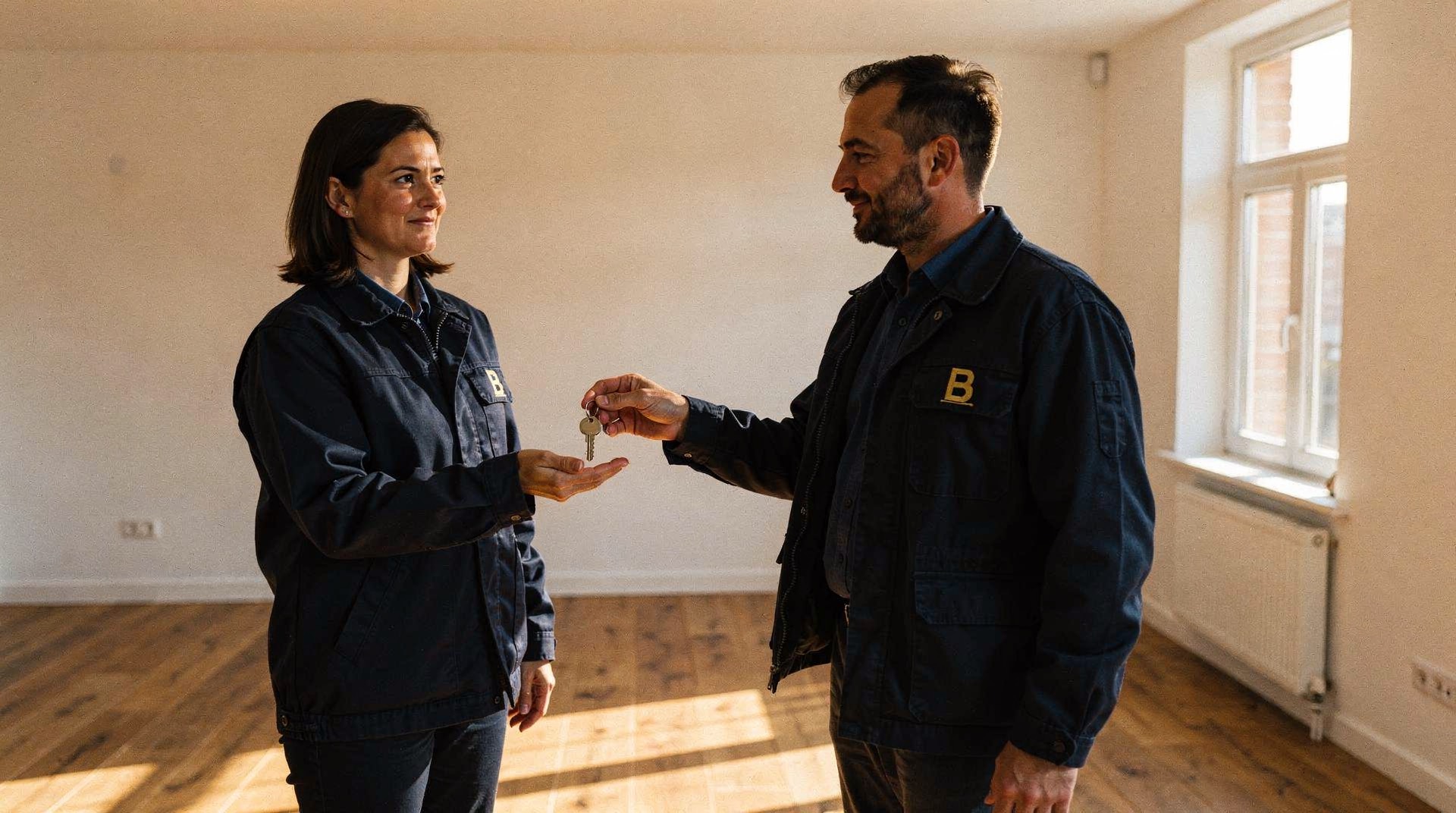 Schlüsselübergabe in einer leeren, frisch renovierten Wohnung mit Holzboden