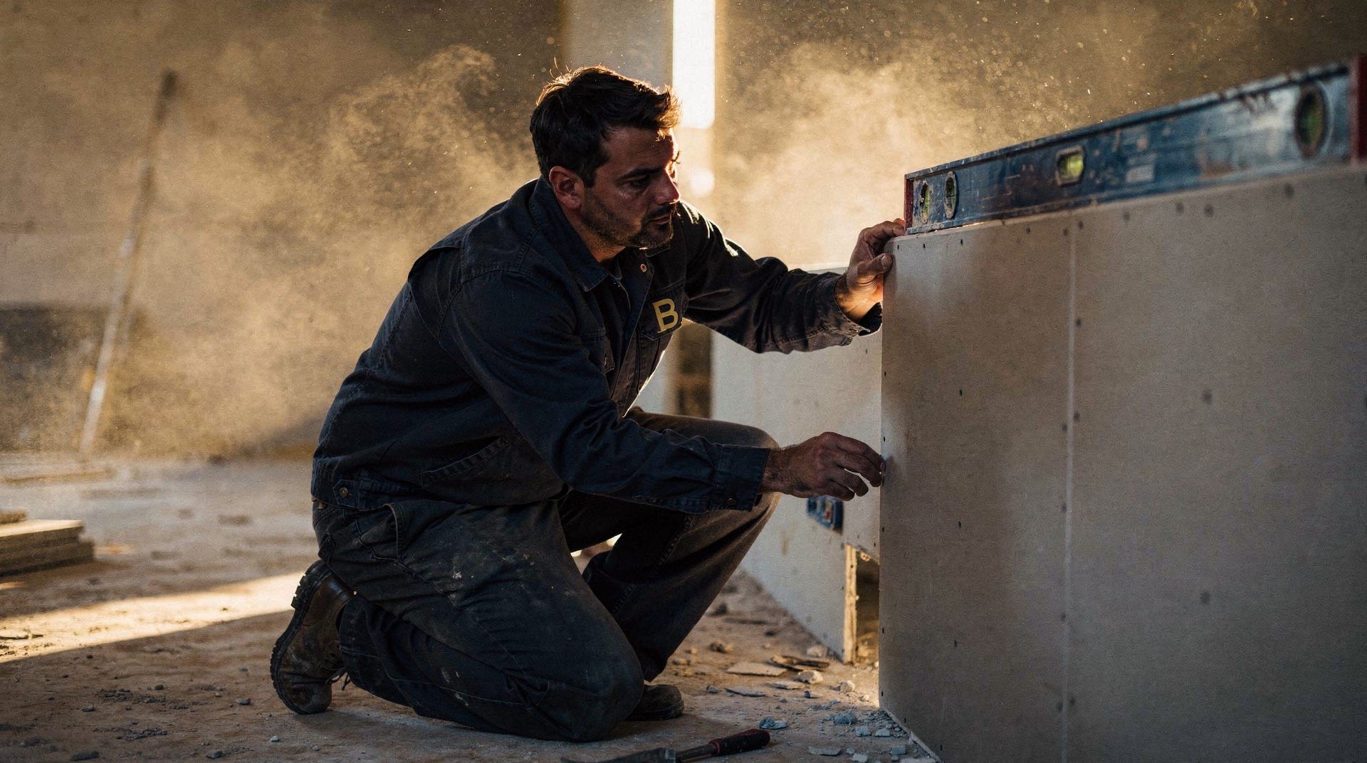 Handwerker kniet vor einer Trockenbauwand und legt eine Wasserwaage an, Staub im Gegenlicht