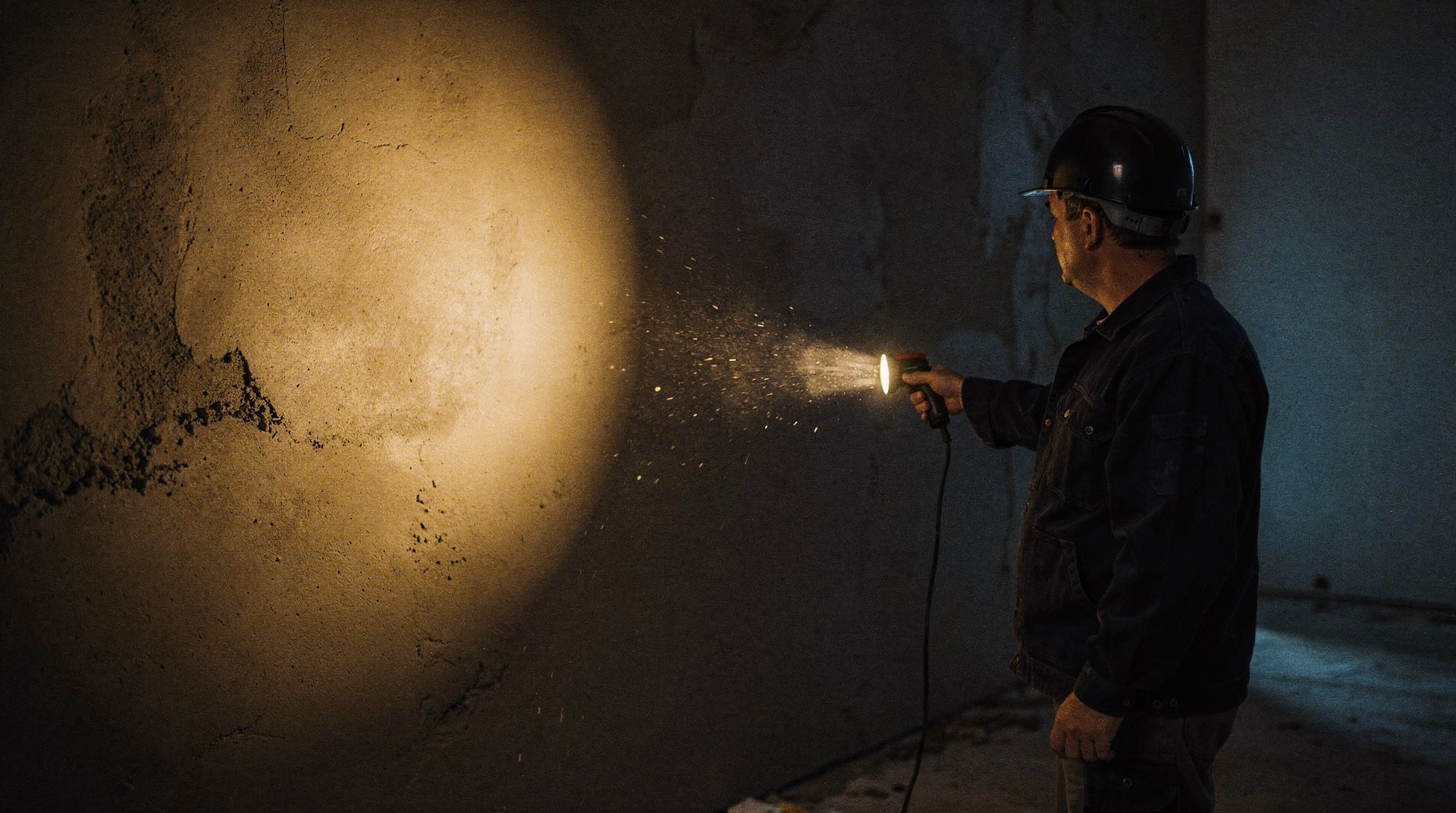 Mann mit Schutzhelm leuchtet mit einer Handlampe eine rohe Wand ab